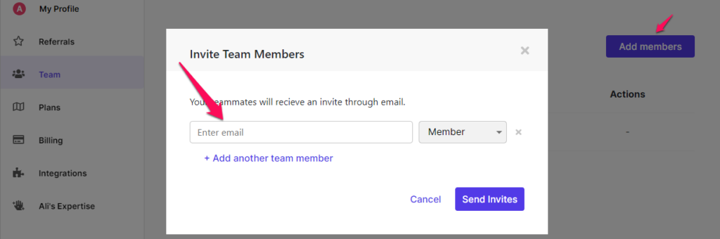invite team member pop-up